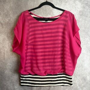 AGB Y2K Striped Sleeveless Sweater With Hot Pink Mesh Overlay Women's Top Size S